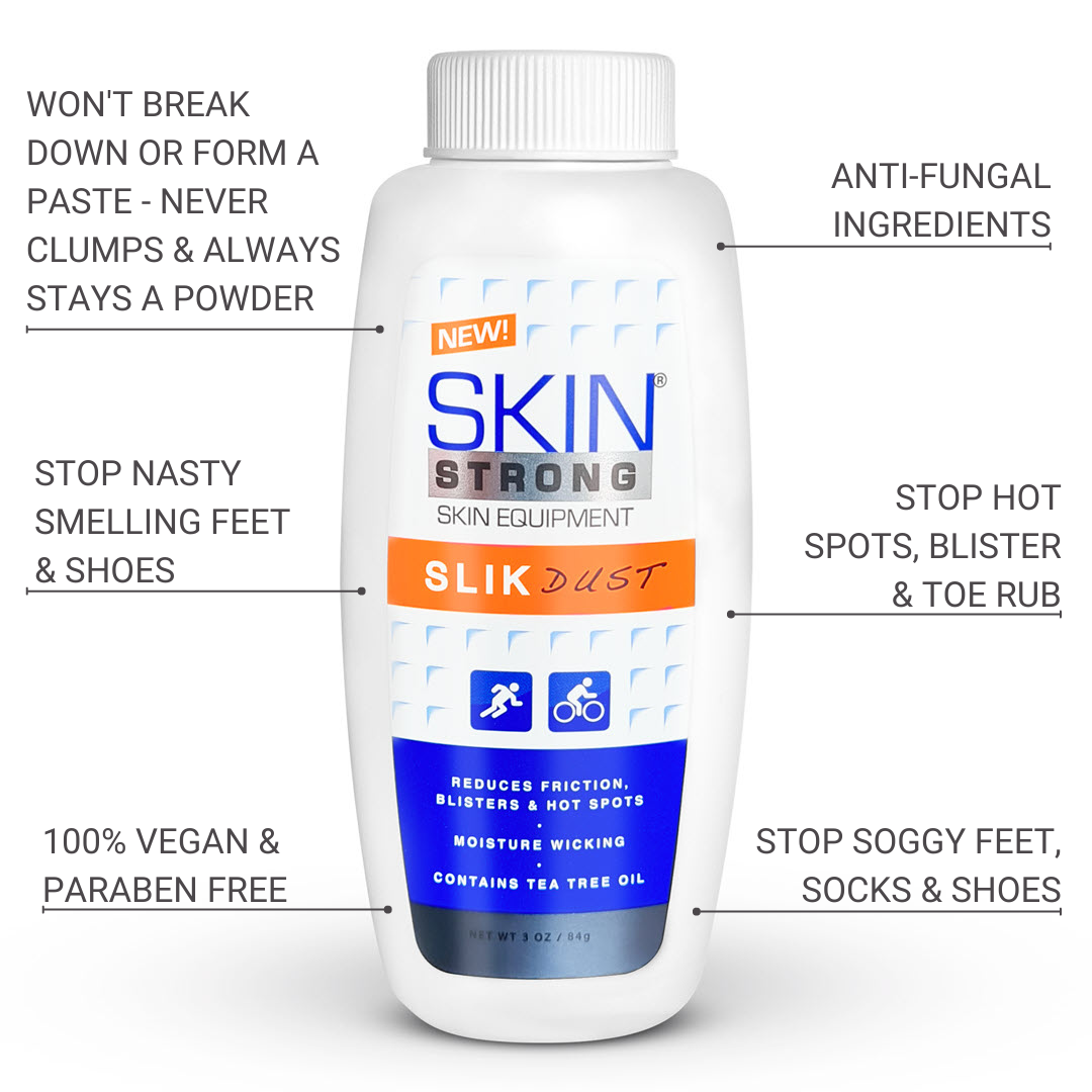 Skin Strong DUST foot powder to stop and prevent blisters, hotspots and smelly and soggy feet. will not clump ultimate foot proteciton powder