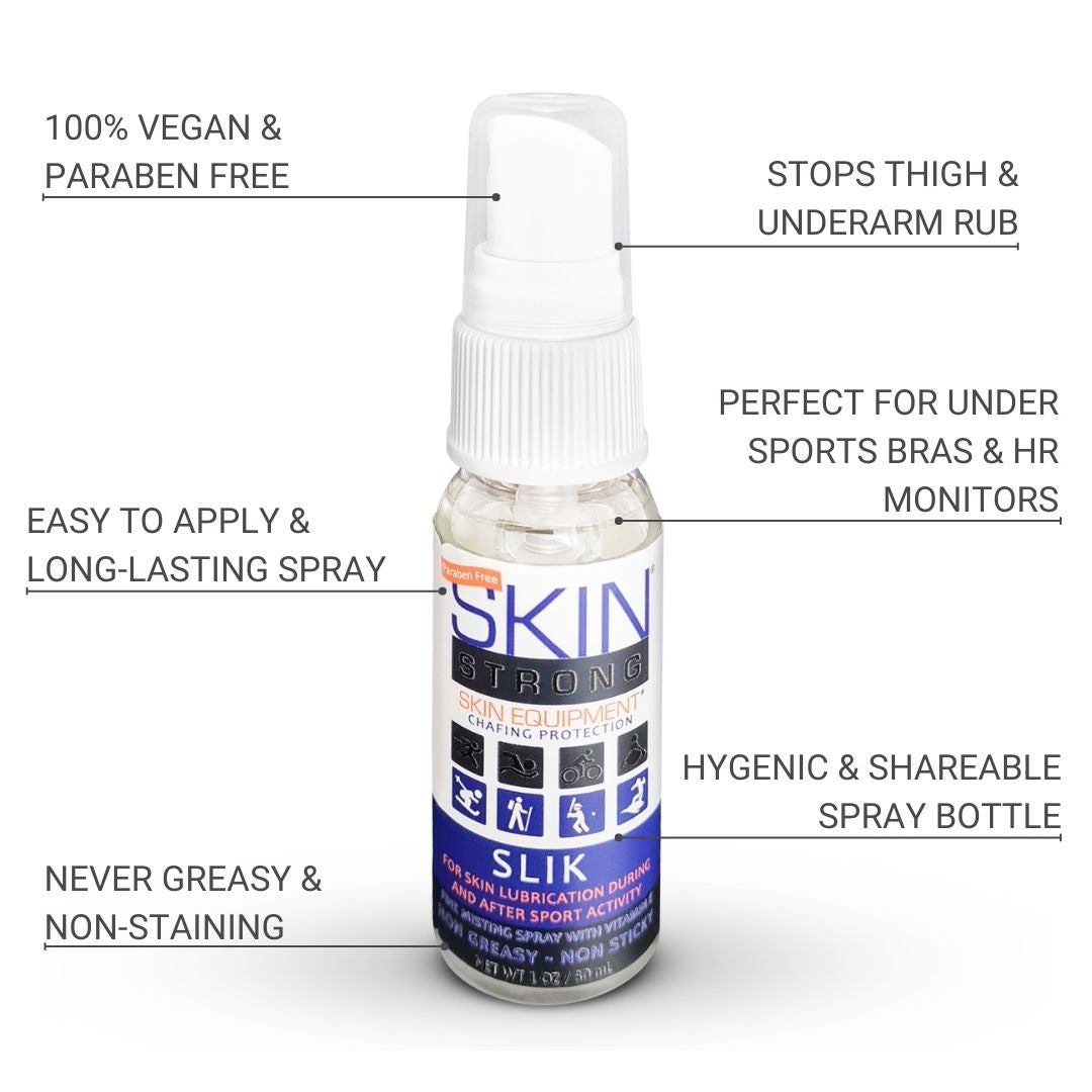 Skin Strong SLIK anti-chafe spray, anti-blister spray and wetsuit lubricant. silicone skin lubrication spray