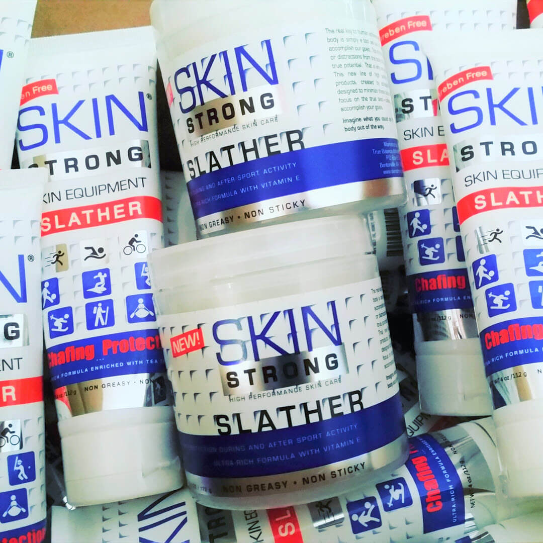 Skin Strong SLATHER Anti-chafe cream, anti-clister cream, chamois cream. Paraben free and easy to apply and wash out when finished. Never greasy and will not stain you or your kit. Perfect cream consistancy for easy application and safe for all your sensitive bits.