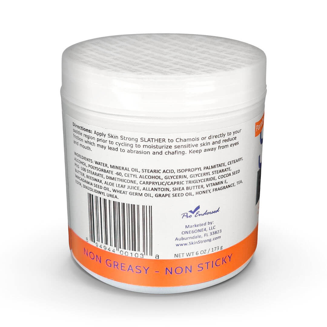 Skin Strong SLATHER Anti-chafe cream, anti-clister cream, chamois cream. Paraben free and easy to apply and wash out when finished. Never greasy and will not stain you or your kit. Perfect cream consistancy for easy application and safe for all your sensitive bits.