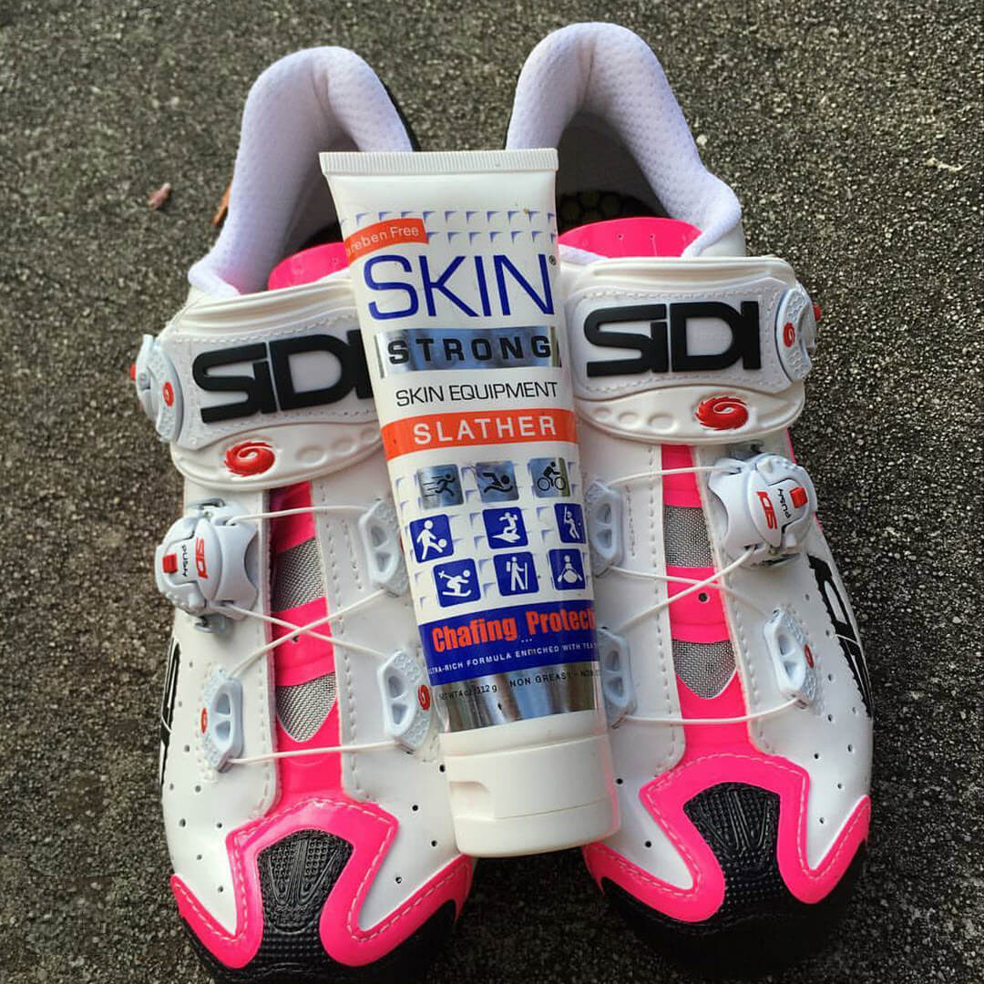 Skin Strong SLIK spray and SLATHER cream combo. Atni blister, anti chafe and chamois cream combo