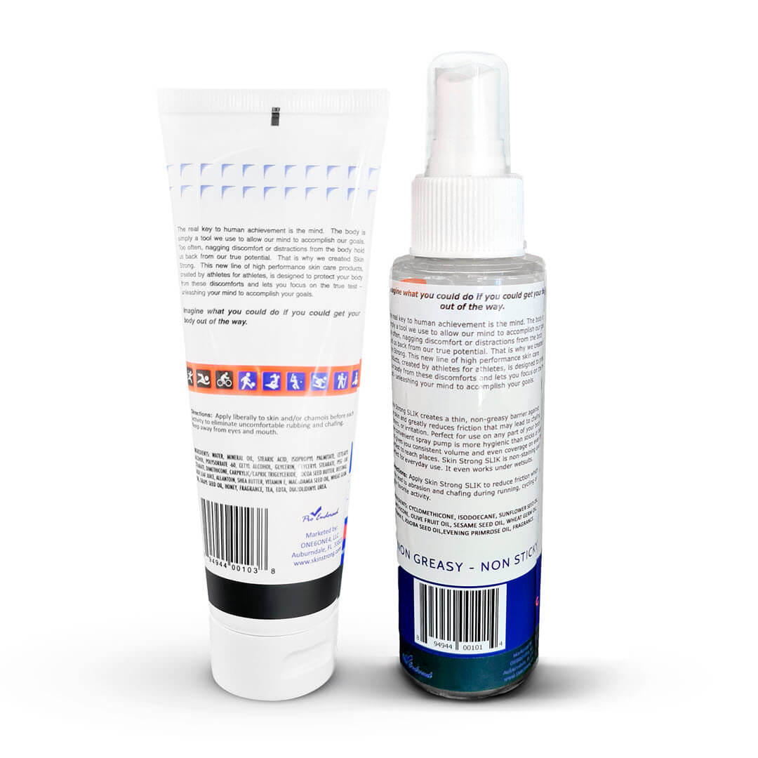 Skin Strong SLIK spray and SLATHER cream combo. Atni blister, anti chafe and chamois cream combo