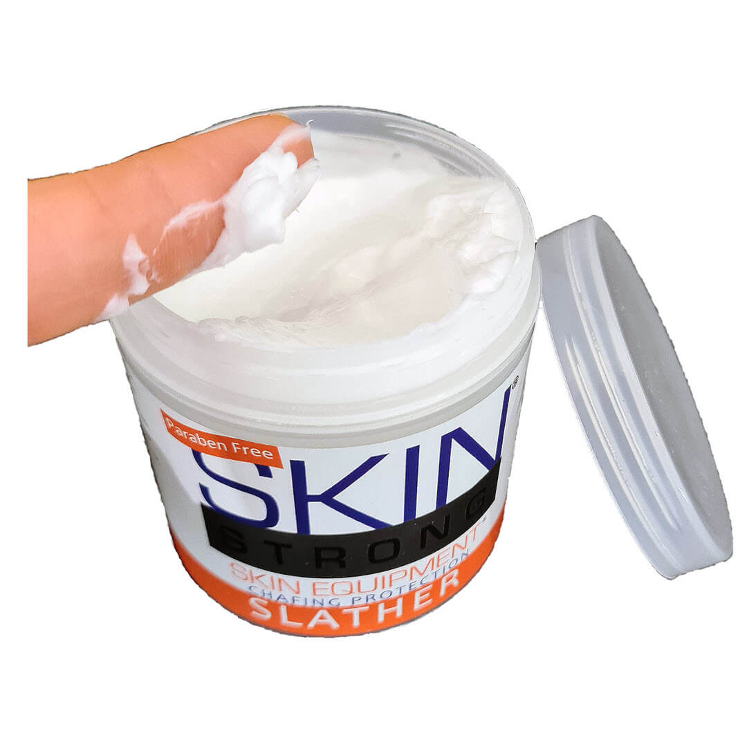 Skin Strong SLATHER Anti-chafe cream, anti-clister cream, chamois cream. Paraben free and easy to apply and wash out when finished. Never greasy and will not stain you or your kit. Perfect cream consistancy for easy application and safe for all your sensitive bits.