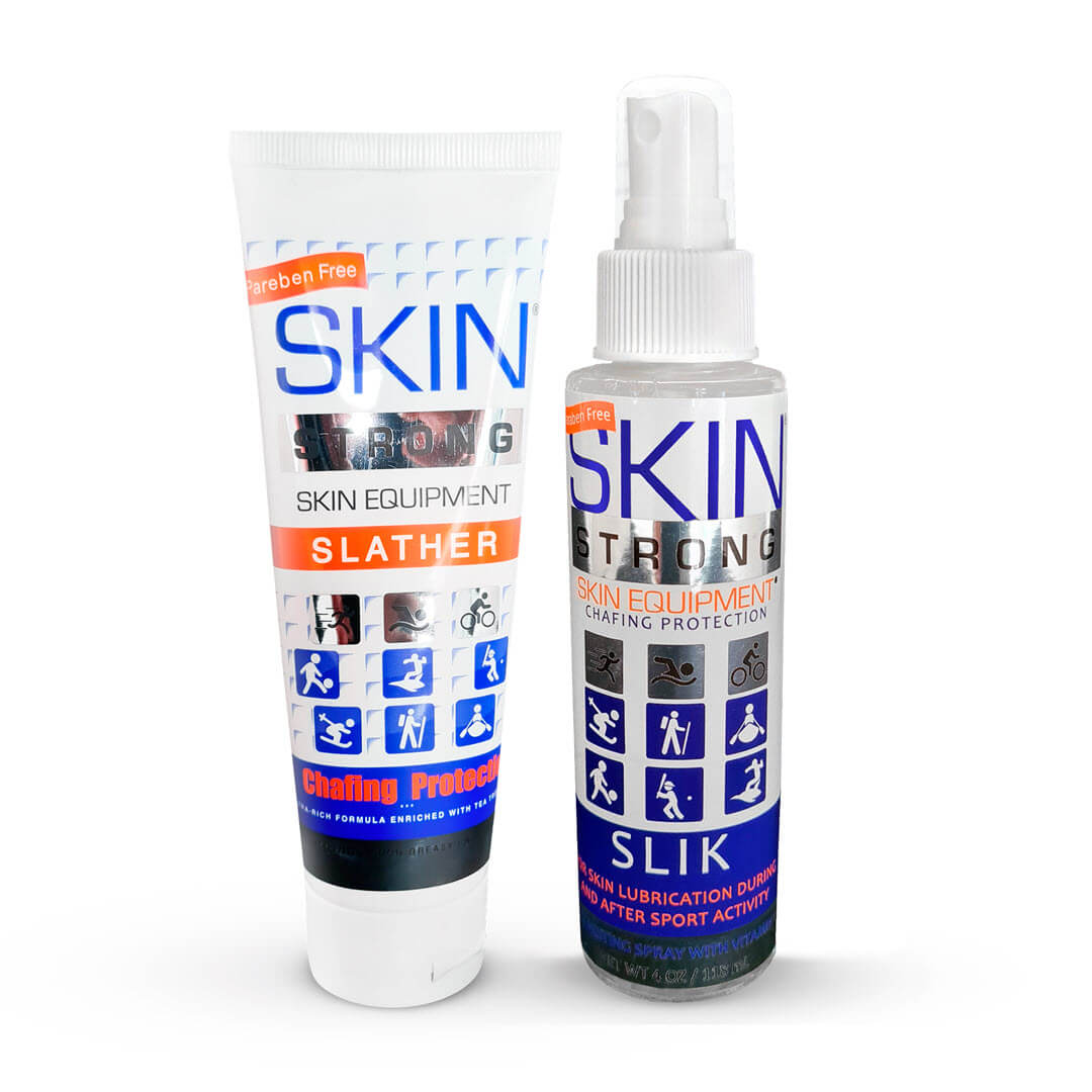 Skin Strong SLIK spray and SLATHER cream combo. Atni blister, anti chafe and chamois cream combo